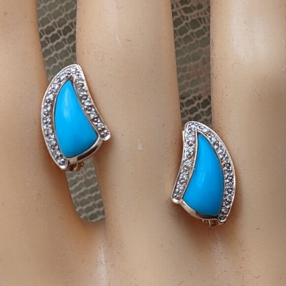 Russian Solid 14K 585 Rose Pink Gold Turquoise White Paste Stones EARRINGS - Picture 2 of 7